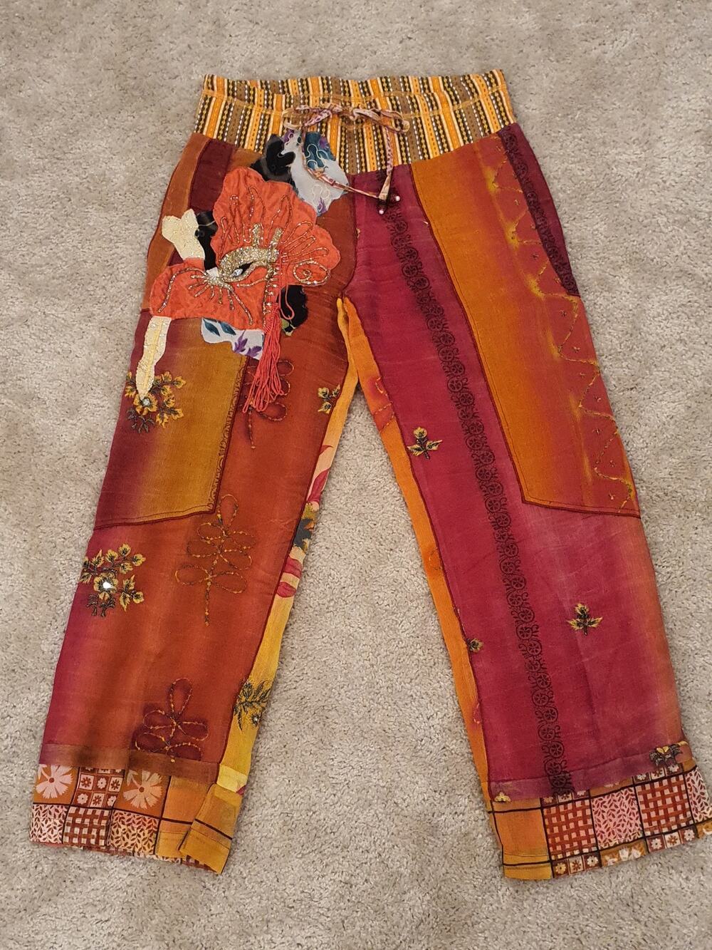 PAUL ROPP Burnt Orange Lounge Patchwork Pants Womens Size 12 Artisan Hippie